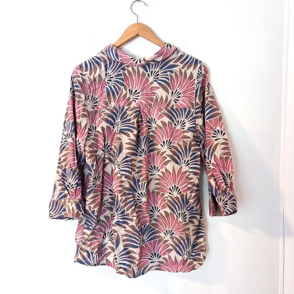 Women's Large Floral Button Up Shirt  3/4 Sleeve Linen Rayon Boho Print Blouse - Picture 3 of 7